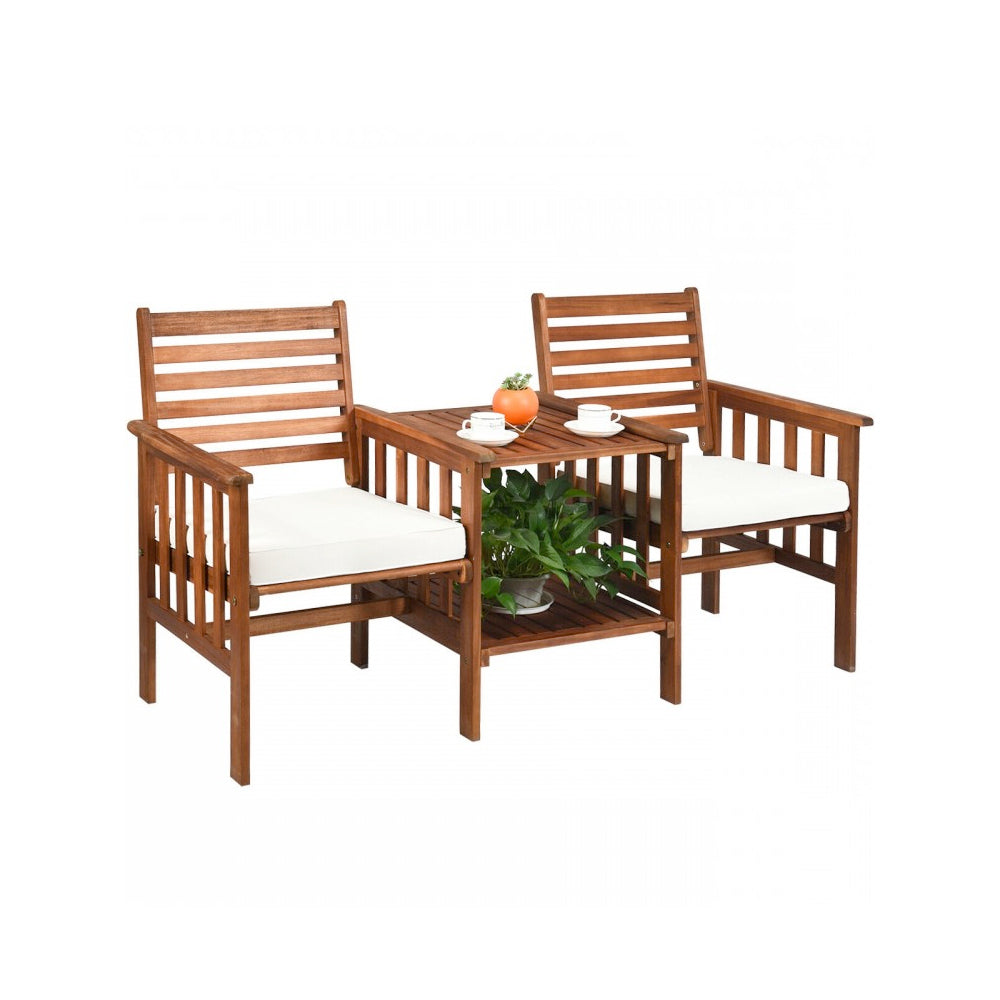 3 Piece Outdoor Patio Table Chairs Set Acacia Wood Loveseat White