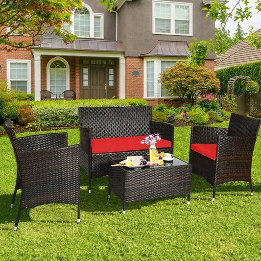 4 Piece Comfortable Outdoor Rattan Sofa Set with Glass Coffee Table