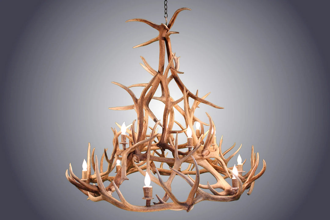 Antler Chandelier - 12 Light Elk Wagon Wheel Tall