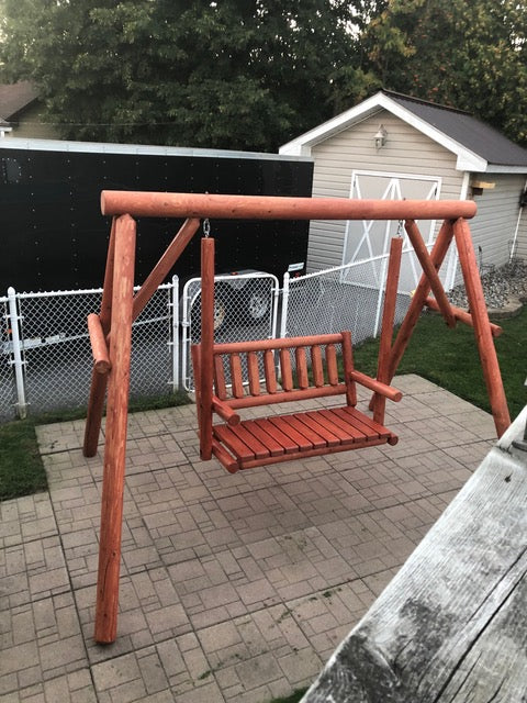 A frame Log Swing and Frame made in Canada stained in Mahogany colour