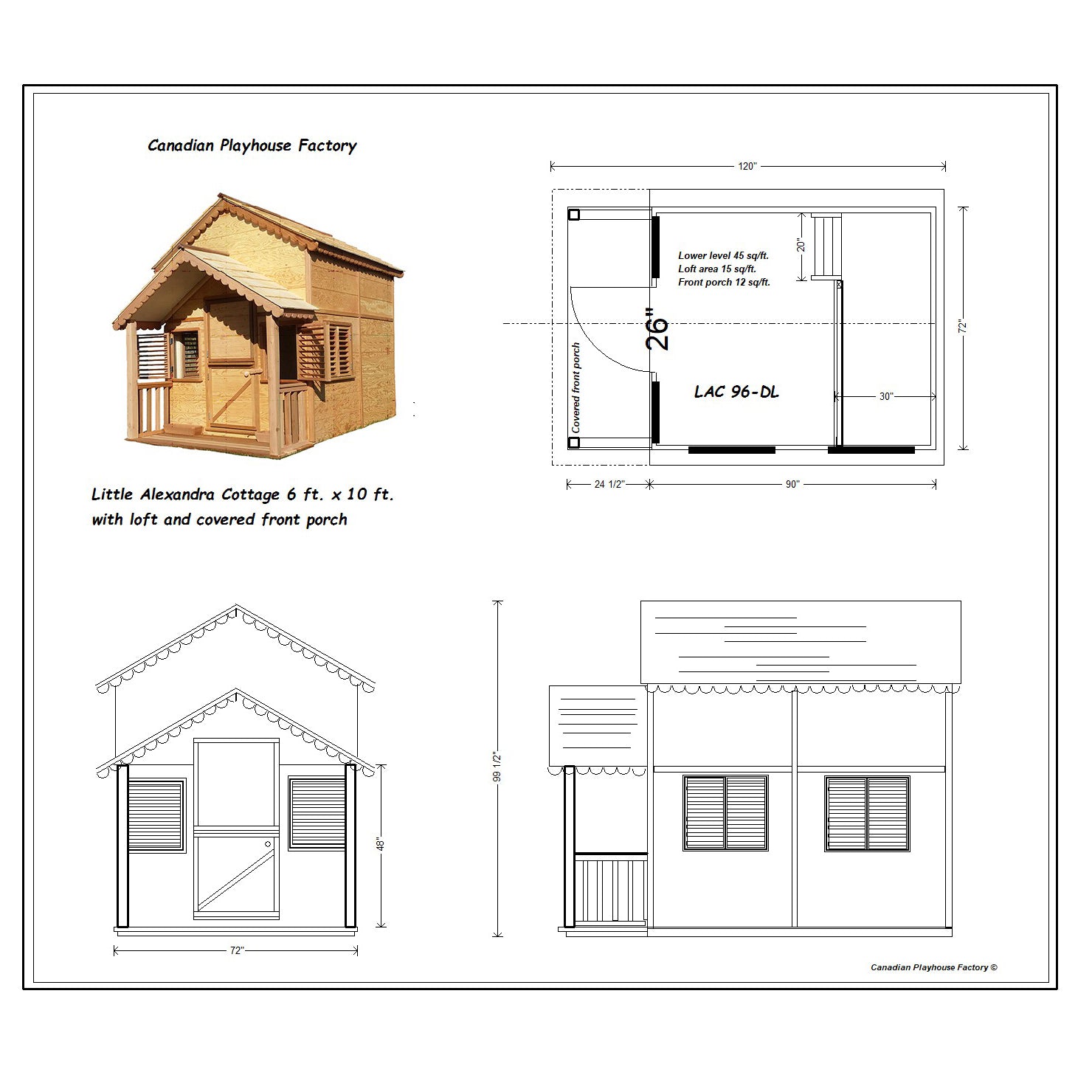 Jordan Cottage Playhouse with Loft and Front Porch Dimensions