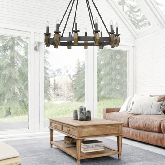 12 Light Cruz Metal & Wood Chandelier