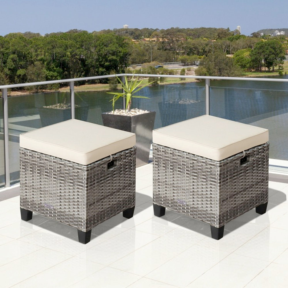 2 Piece Patio Rattan Ottoman Seat with Removable Cushions on the Deck