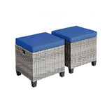 2 Piece Patio Rattan Ottoman Seat with Removable Cushions Blue