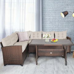 3 Piece Hand Woven Rattan Outdoor Sofa Set with Dining Table