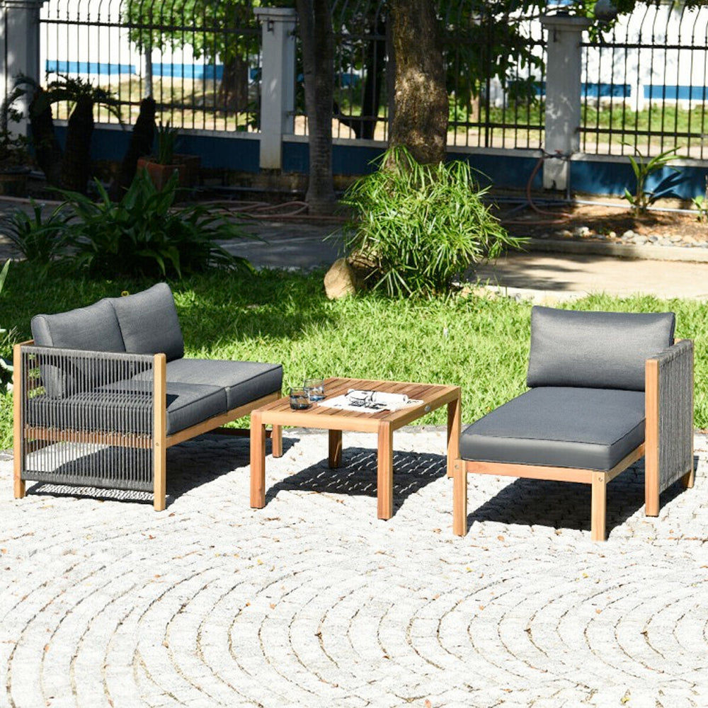 3 Pieces Patio Acacia Wood Sofa Furniture Set with Nylon Rope Armrest on the Patio