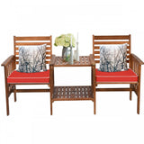 3 Piece Outdoor Patio Table Chairs Set Acacia Wood Loveseat with Pillows