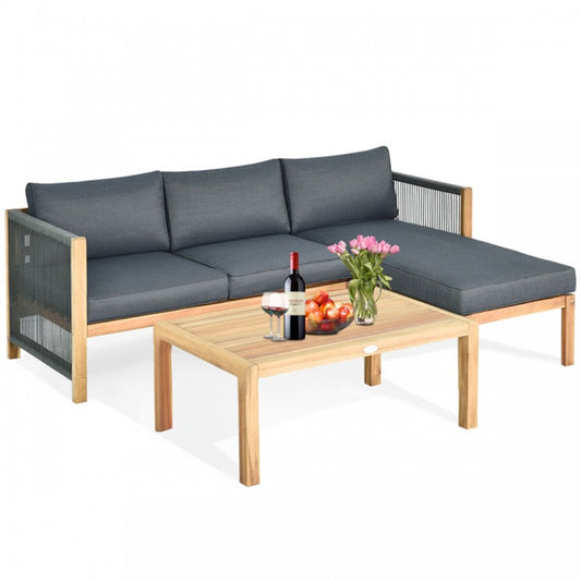 3 Pieces Patio Acacia Wood Sofa Furniture Set with Nylon Rope Armrest with Coffee Table