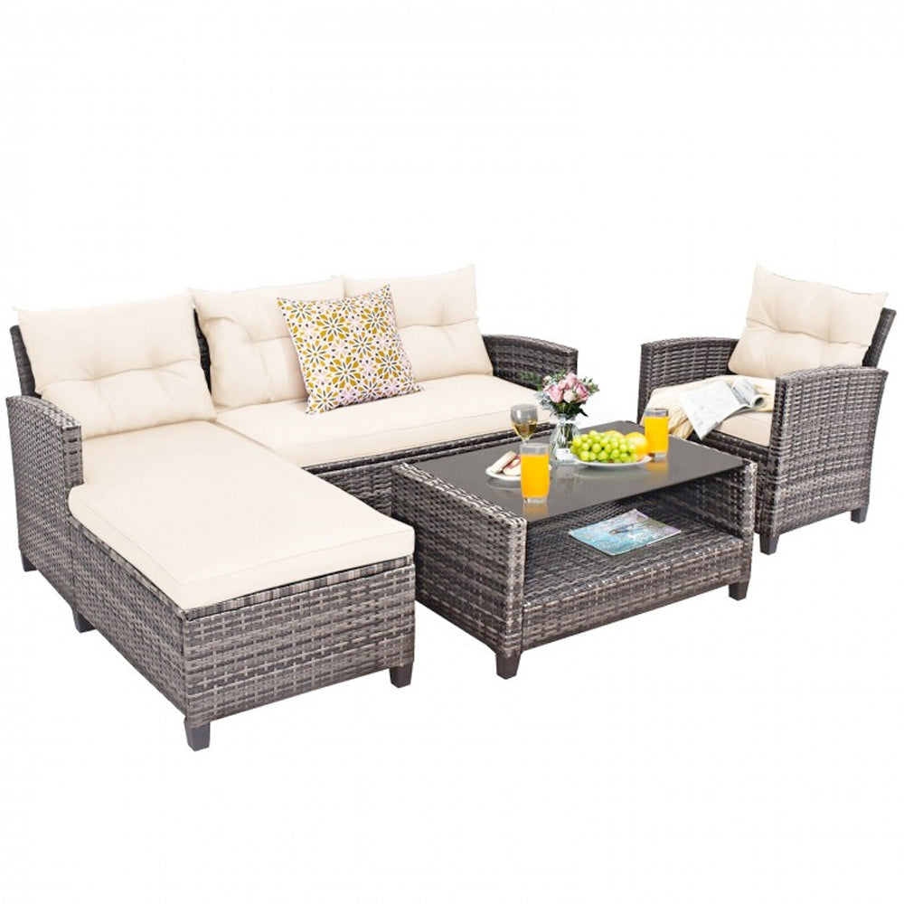 4 Piece Patio Rattan Furniture Set with Cushion and Table Shelf White