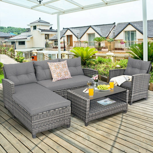 4 Piece Patio Rattan Furniture Set with Cushion and Table Shelf on the Deck