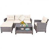 4 Piece Patio Rattan Furniture Set with Cushion and Table Shelf Beige