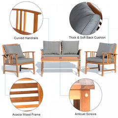 4 Piece Wooden Patio Sofa Chair Set with Cushion