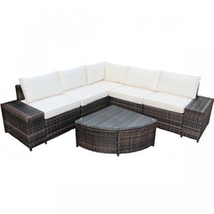 6 Piece Rattan Furniture Cushioned Sofa Set with White Cushions