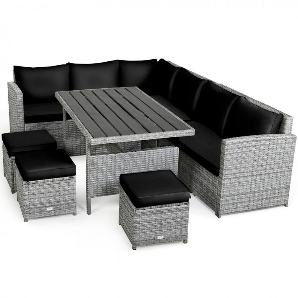 7 Piece Outdoor Wicker Sectional Sofa Set with Dining Table Black