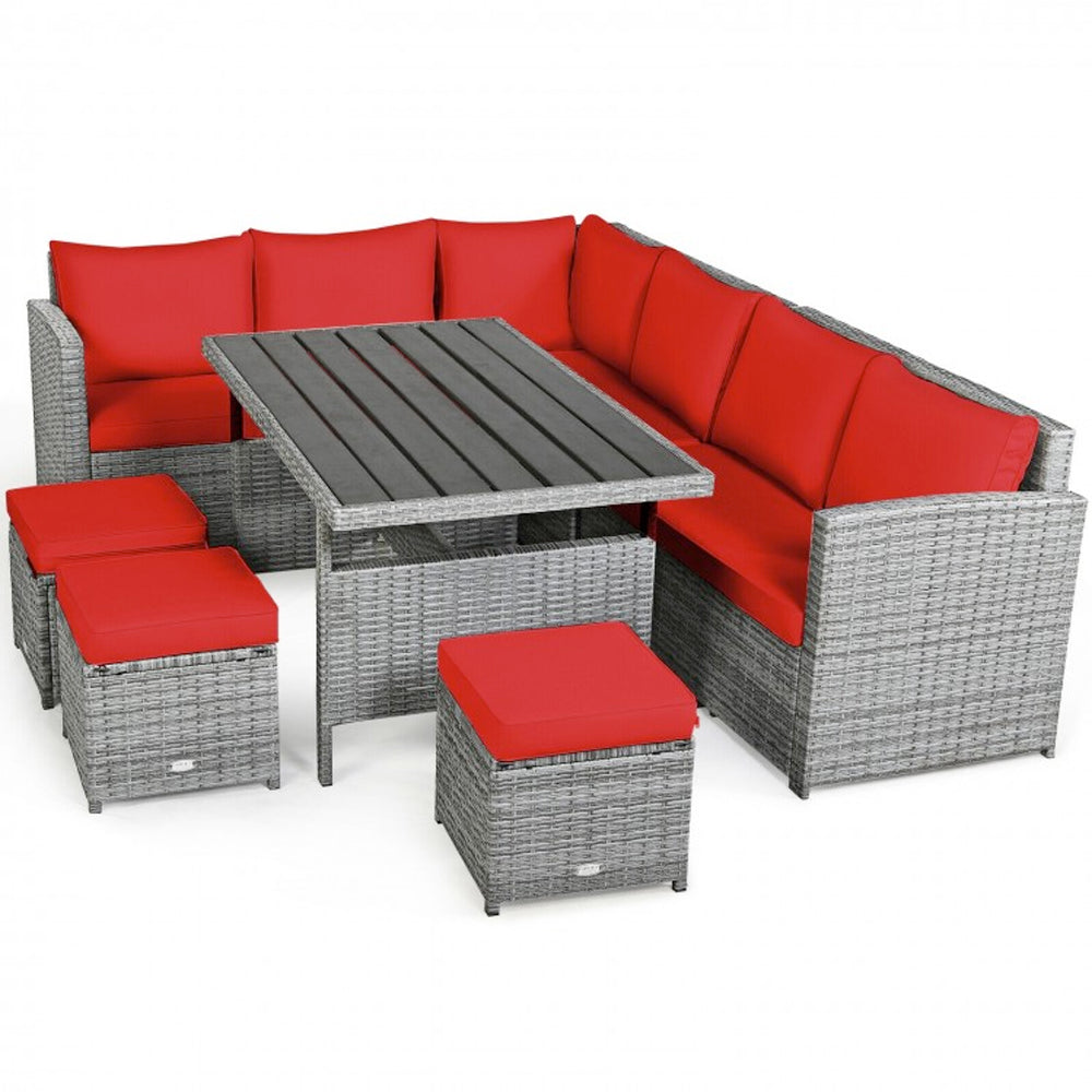 7 Piece Outdoor Wicker Sectional Sofa Set with Dining Table Red
