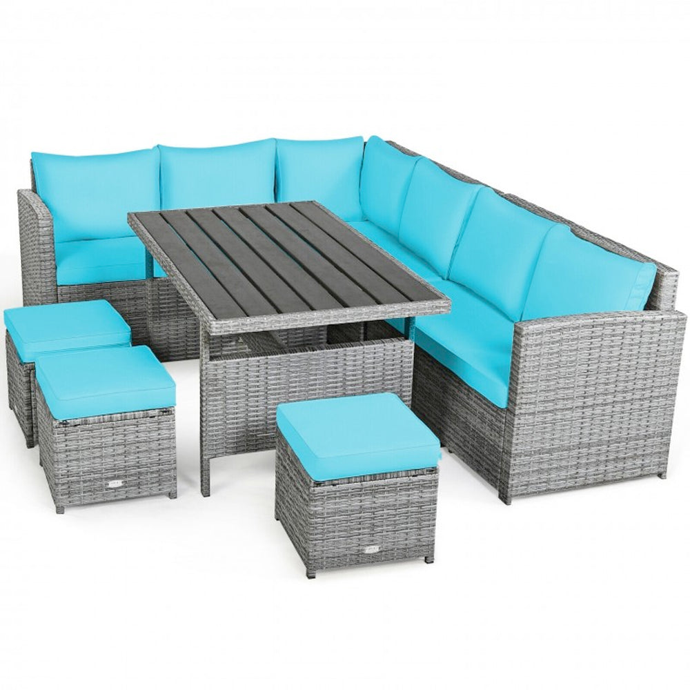 7 Piece Outdoor Wicker Sectional Sofa Set with Dining Table Turquoise