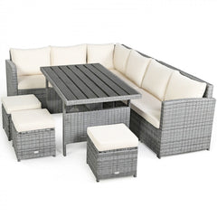 7 Piece Outdoor Wicker Sectional Sofa Set with Dining Table White