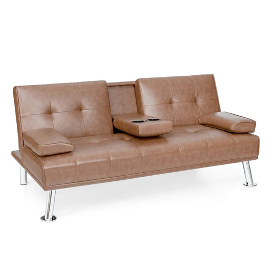 Convertible Folding Leather Futon Sofa with Cup Holders and Arm Rests
