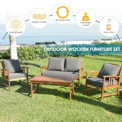 4 Piece Wooden Patio Sofa Chair Set with Cushion