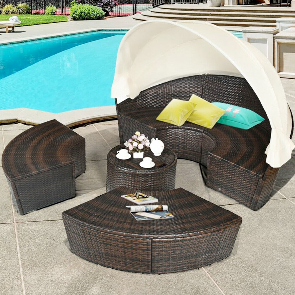 Patio Round Daybed Rattan Furniture Set with Canopy
