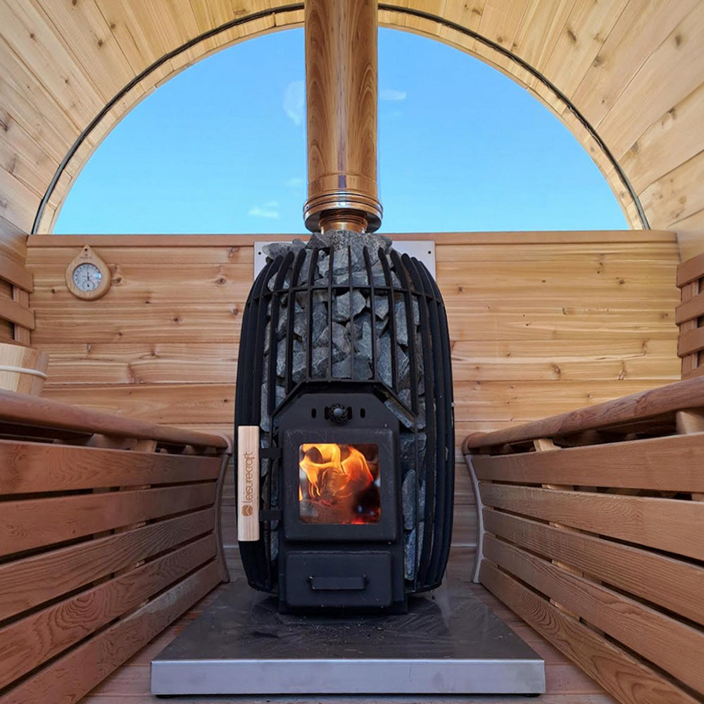 Timbercraft Heater in Sauna with Half Moon Back Window
