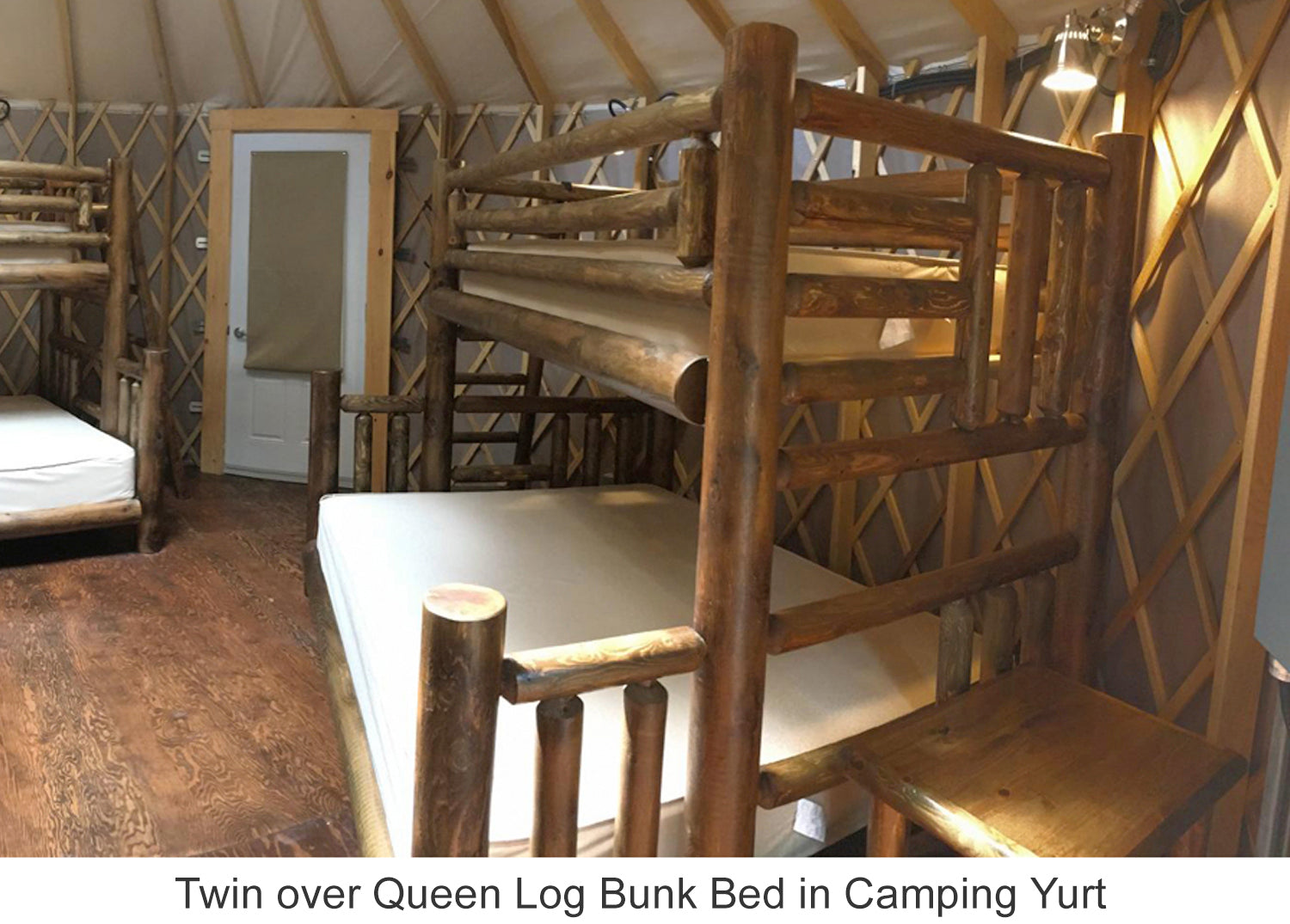 Twin over Queen Log Bunk Bed in Camping Yurt