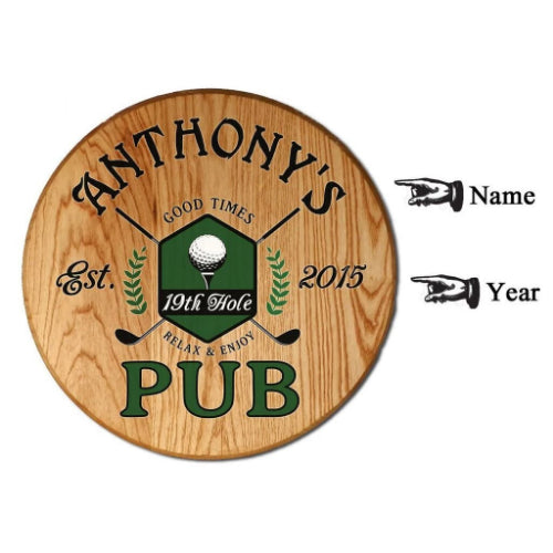 19th Hole Wood Pub Barrel Sign Personalized