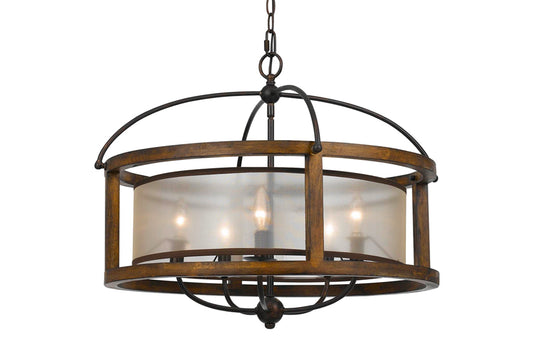 5 Mission Round Wood and Metal Pendant Chandelier