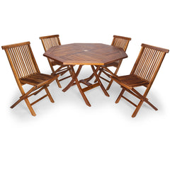 5 Piece 4 Ft Teak Octagon Folding Table and Folding Chair Set