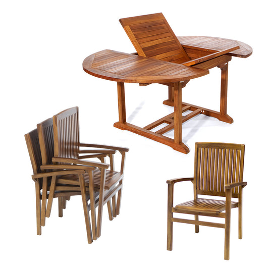 5 Piece Teak Oval Extension Table Stacking Chair Set