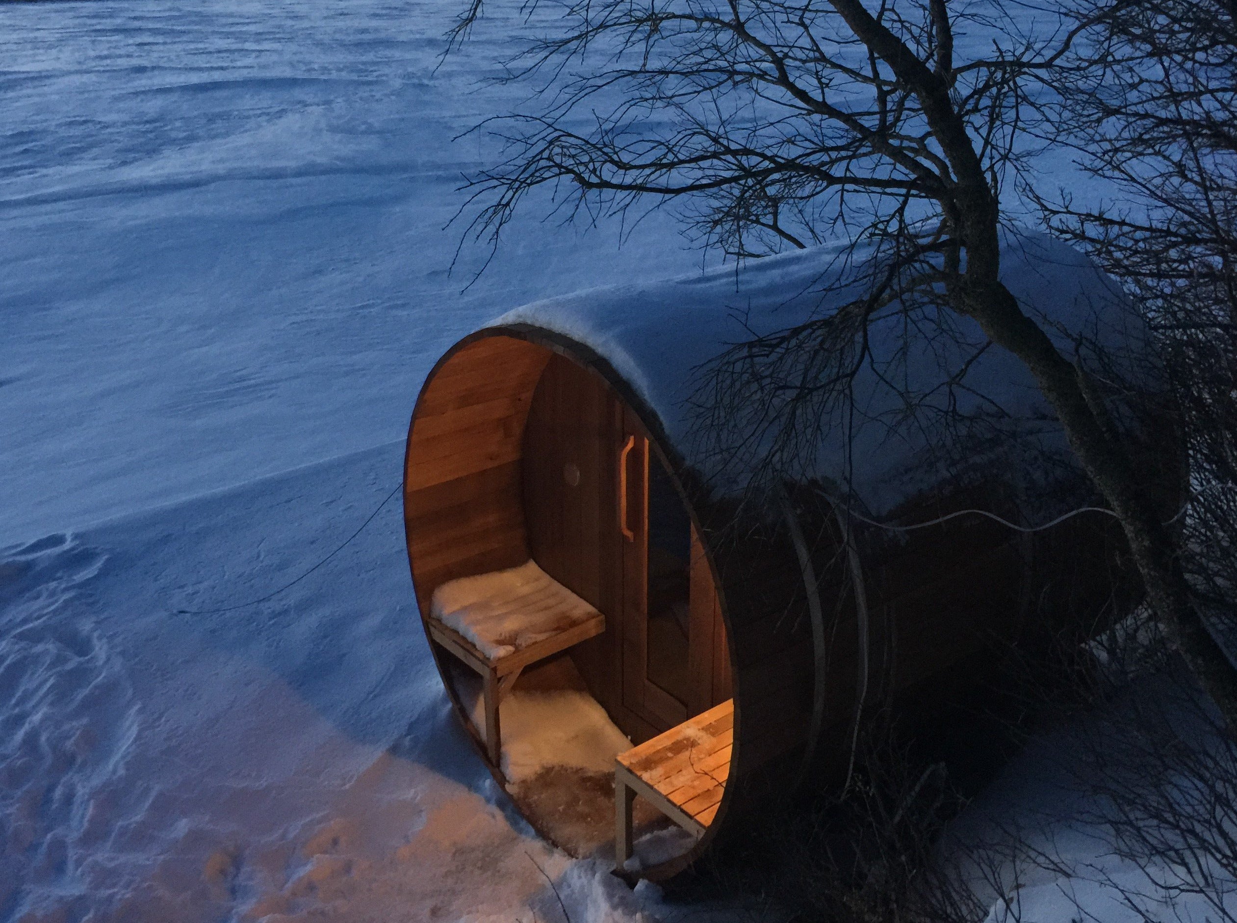 7x6 Cedar Barrel Sauna in the Winter