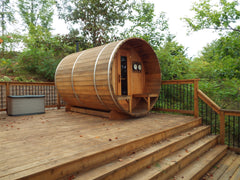 Kimberly Red Cedar Barrel Sauna on the Deck