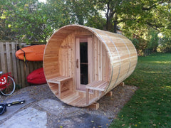 Knotty Barrel Sauna with Porch