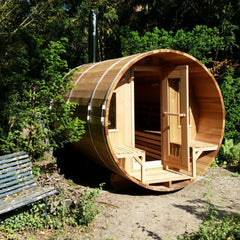 Barrel sauna with porch and windows