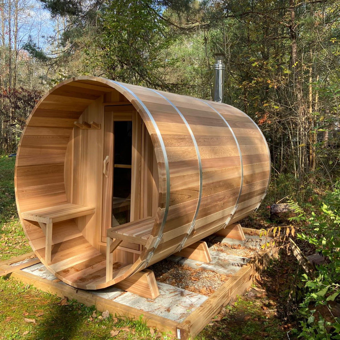 The Lakeview Barrel Sauna Side View