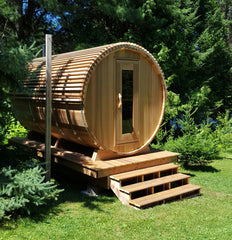 Wood square roof for barrel sauna