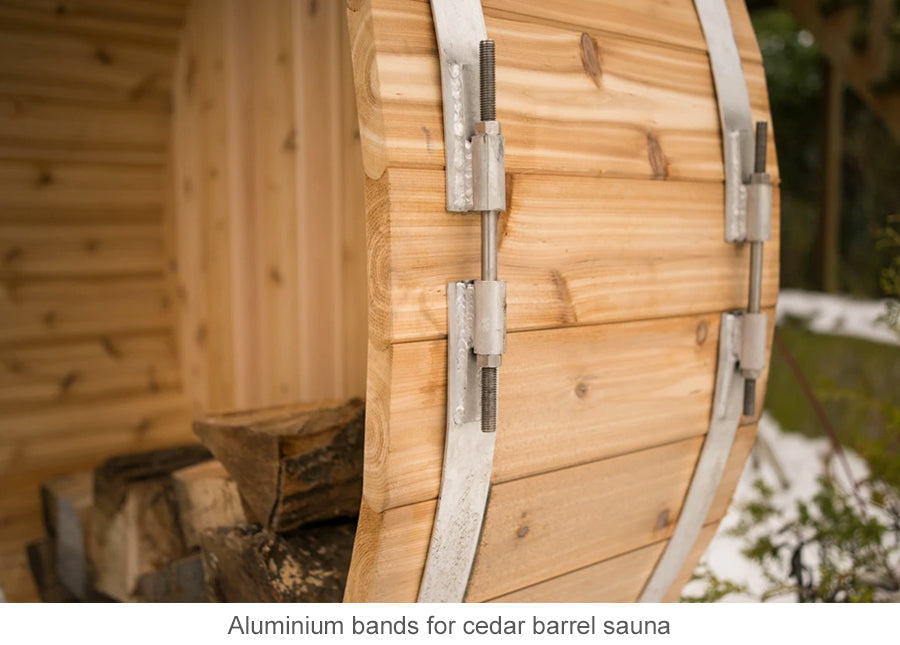 Aluminum bands for cedar barrel sauna