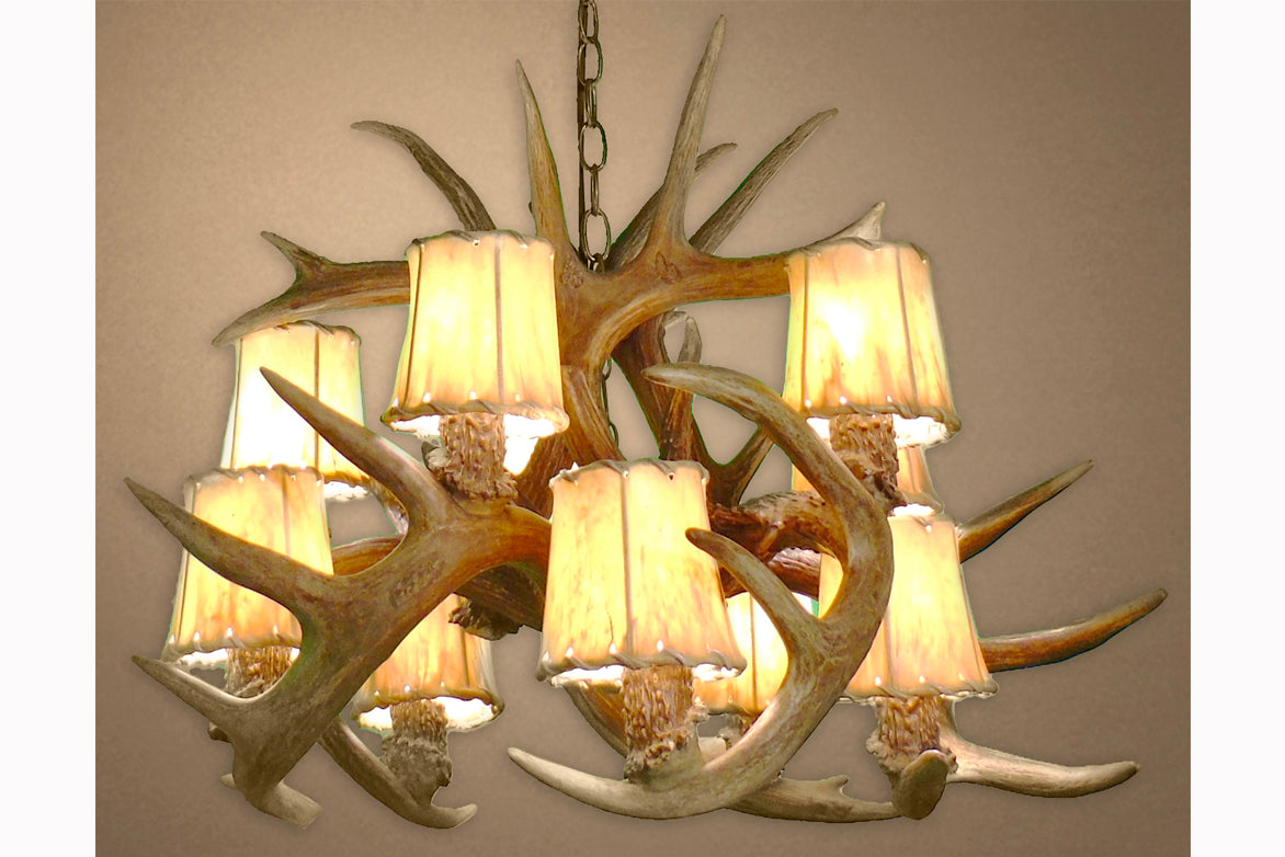 Antler Chandelier - 10 Light White Tail Deer with Rawhide Lamp Shades