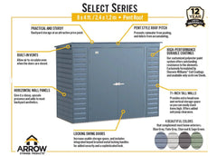Arrow Select Steel Storage Pent Shed - 8' x 4' Details