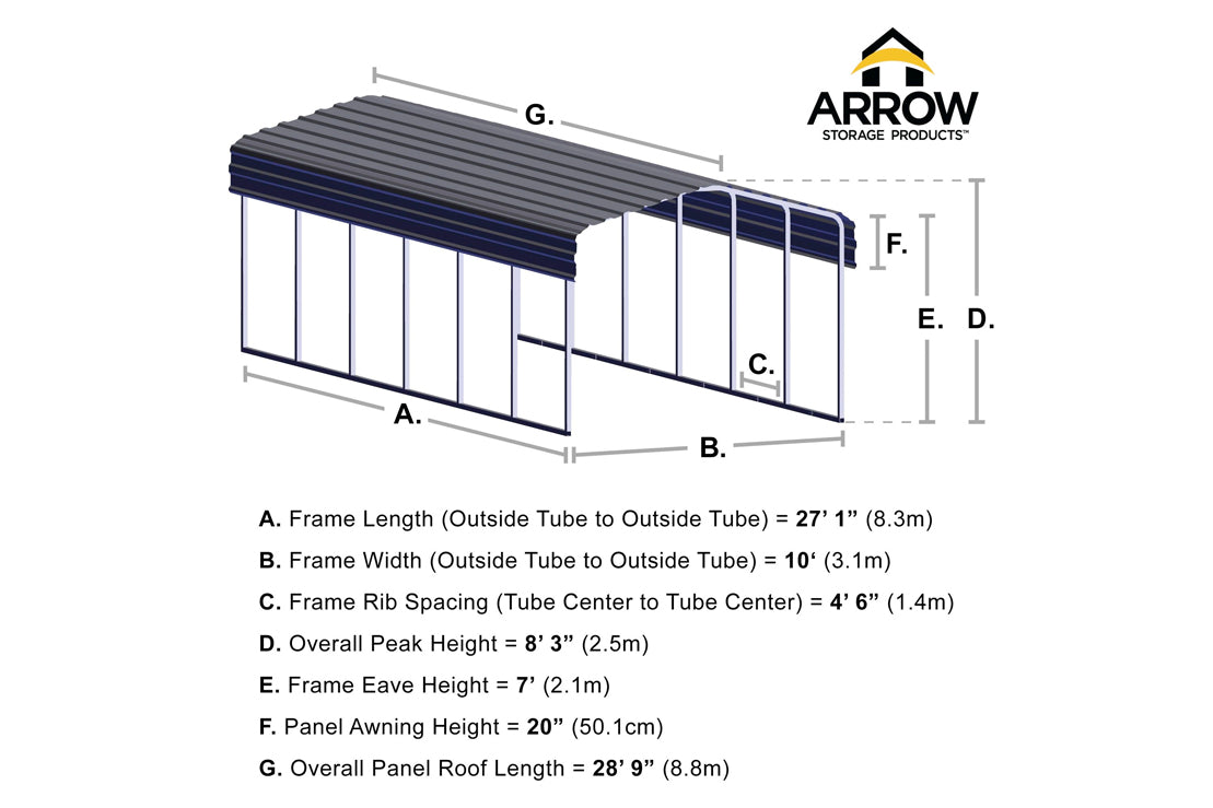 Arrow Steel Carport - 10'W x 29'L x 7'H Dimensions