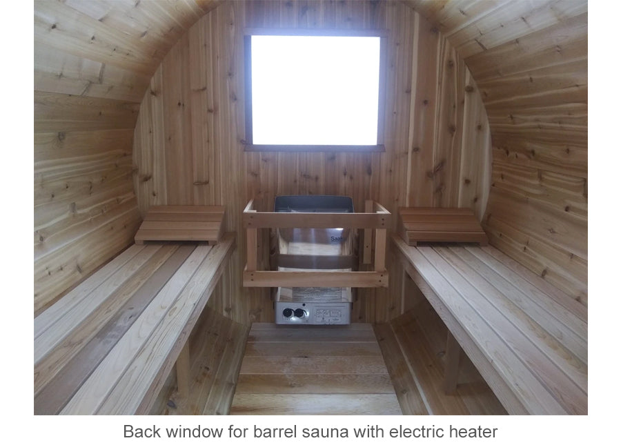 Back window for barrel sauna with electric heater