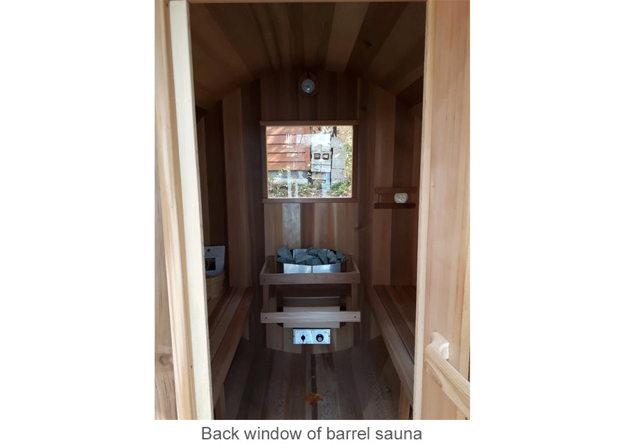 Back window of barrel sauna