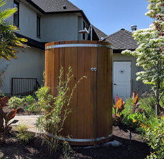 Back of Rainbow outdoor shower with premium hardware