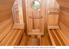 Barrel sauna interior with door and round window