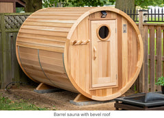 Barrel sauna with bevel roof