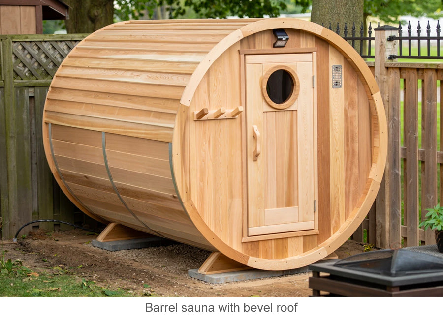 Barrel sauna with bevel roof