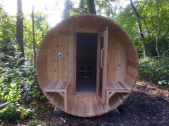Knotty Barrel sauna with porch