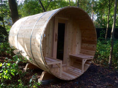 Knotty Barrel sauna with porch