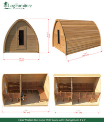 Clear Western Red Cedar POD Sauna with Changeroom 8’ x 6’