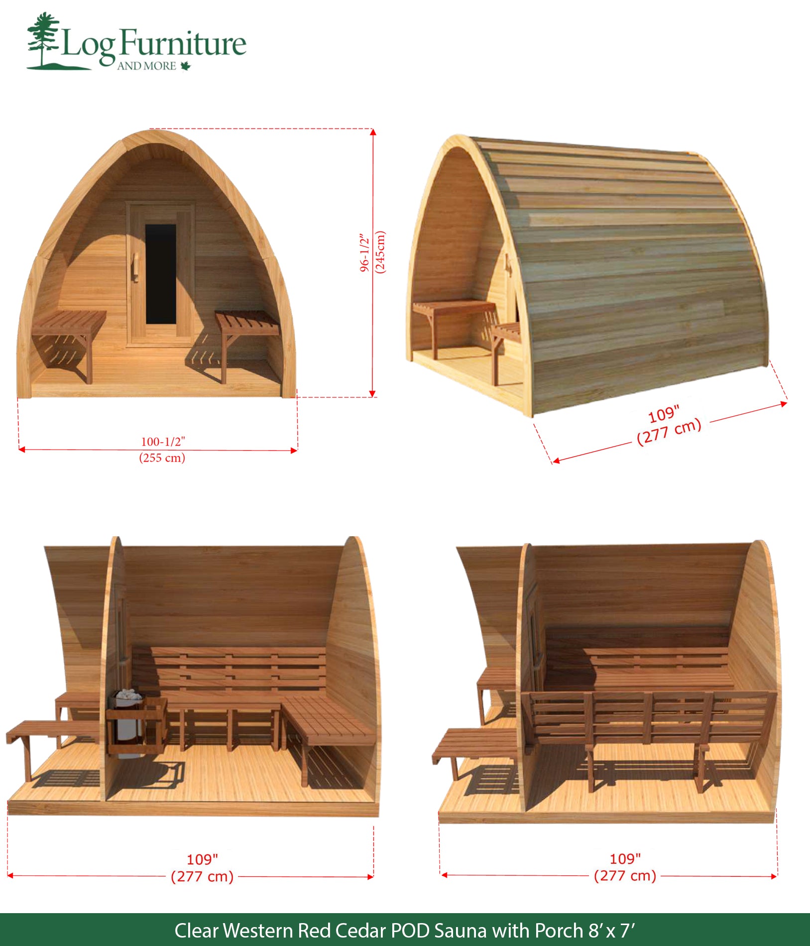 Clear Western Red Cedar POD Sauna with Porch 8' x 7'